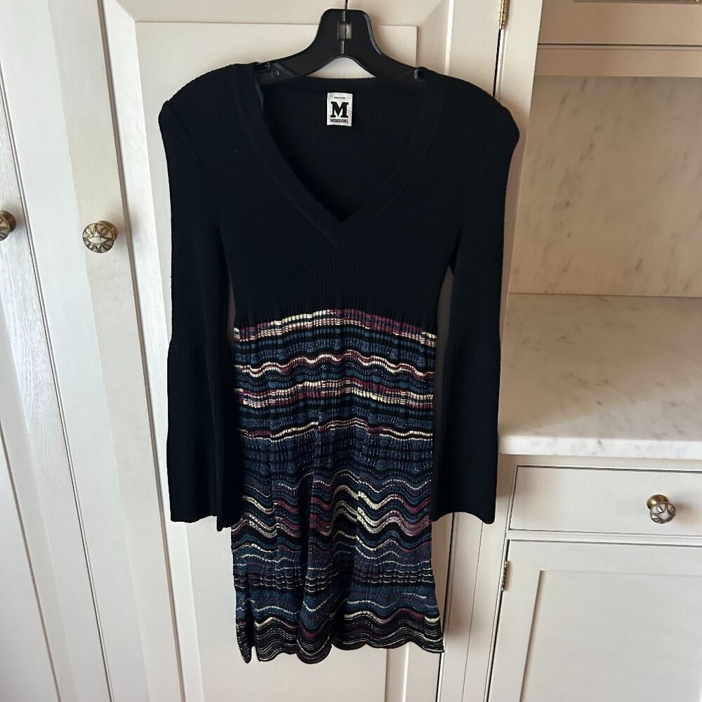 Missoni Black Knit Bell Sleeve Dress with gold red blue bottom 4
